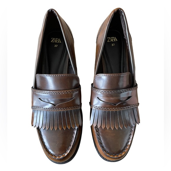 Zara Brown Penny Loafers with Fringe Detailing Faux Patent Leather Size 37 - Picture 5 of 12